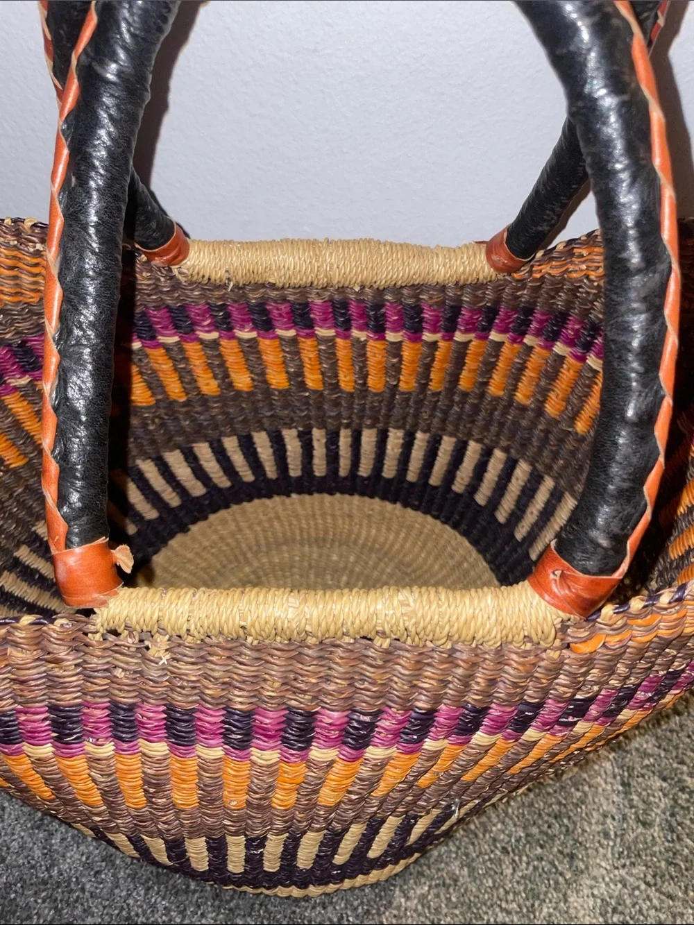 handwoven U-shaped Bolga basket (or market tote) from Ghana